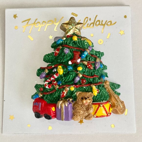 Vintage Christmas Tree Pin Brooch Resin Teddy Bear Music Instruments Star Lights - Picture 2 of 11
